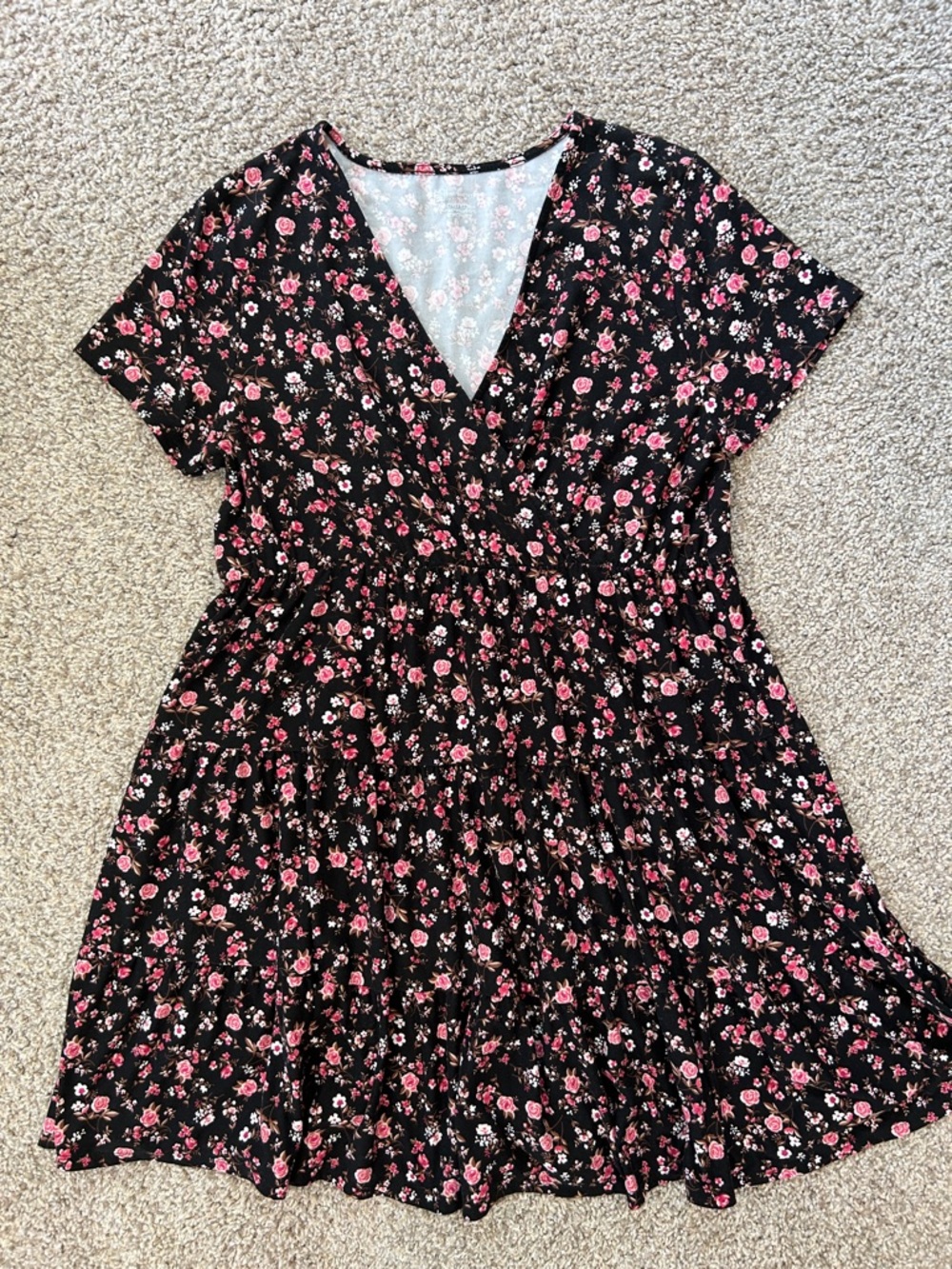 No Boundaries Black Floral Scoop Neck Top with Pink Roses
